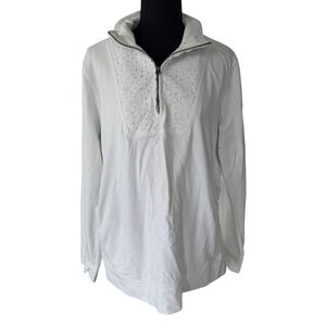 Coldwater Creek White Eyelet Lace Quarter Zip Pullover Sweatshirt XL Cottagecore
